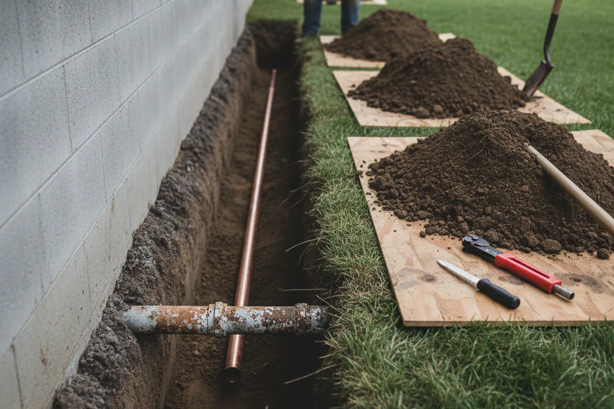 Excavated water line trench during Water Softener Installation in Blanchard